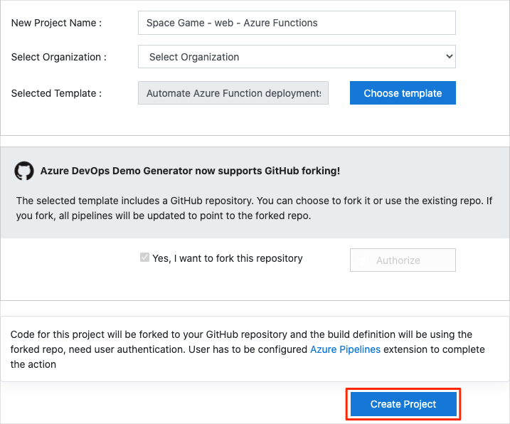 Zrzut ekranu przedstawiający generator demonstracyjny usługi Azure DevOps przedstawiający sposób tworzenia projektu.