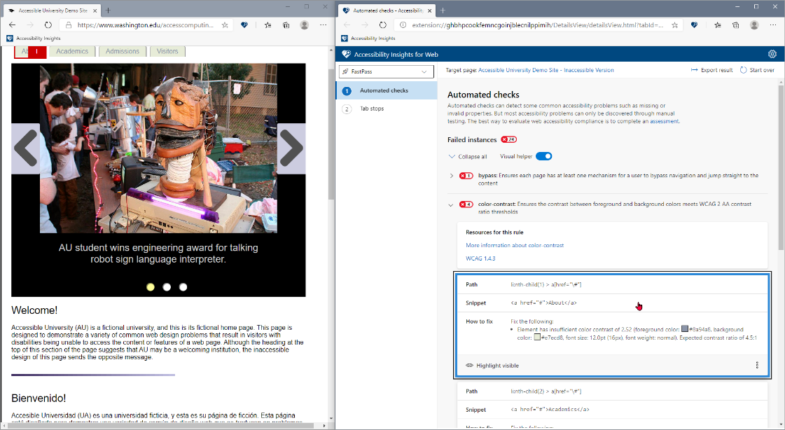 Zrzut ekranu przedstawiający przykładową kontrolę ułatwień dostępu dla sieci Web, która pokazuje błąd wybrany na stronie Automatyczne sprawdzanie ułatwień dostępu po prawej stronie i wyróżniony na stronie docelowej po lewej stronie.