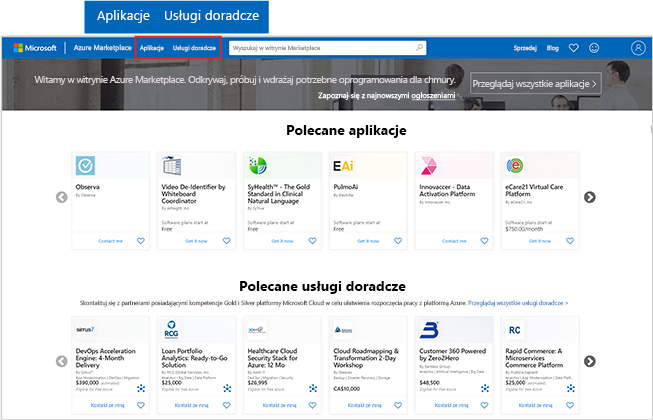 Zrzut ekranu przedstawiający stronę główną witryny Azure Marketplace z naciskiem na przyciski aplikacji i usług doradczych.