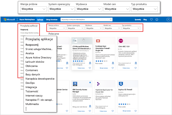 Zrzut ekranu przedstawiający stronę docelową aplikacji witryny Azure Marketplace z naciskiem na kategorie i filtry aplikacji.