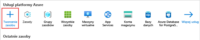 Zrzut ekranu przedstawiający stronę główną witryny Azure Portal z naciskiem na przycisk Utwórz zasób.
