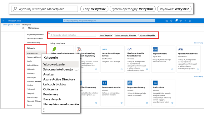 Zrzut ekranu witryny Azure Marketplace w witrynie Azure Portal z naciskiem na kategorie i filtry aplikacji.