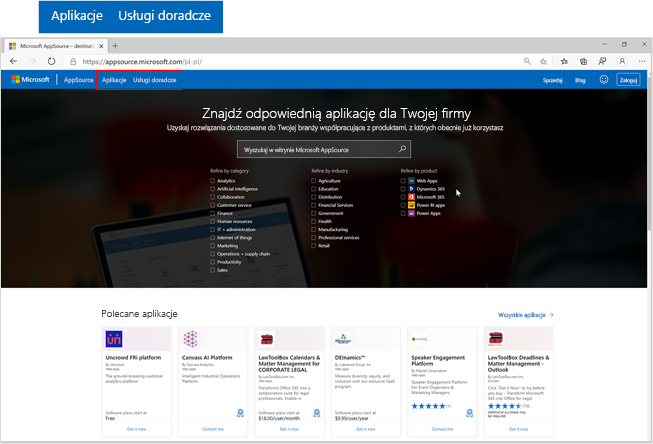 Zrzut ekranu przedstawiający stronę główną usługi Microsoft AppSource z naciskiem na przyciski aplikacji i usług doradczych.