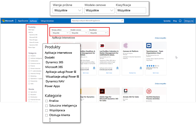 Zrzut ekranu przedstawiający stronę docelową aplikacji Microsoft AppSource z naciskiem na kategorie i filtry aplikacji.