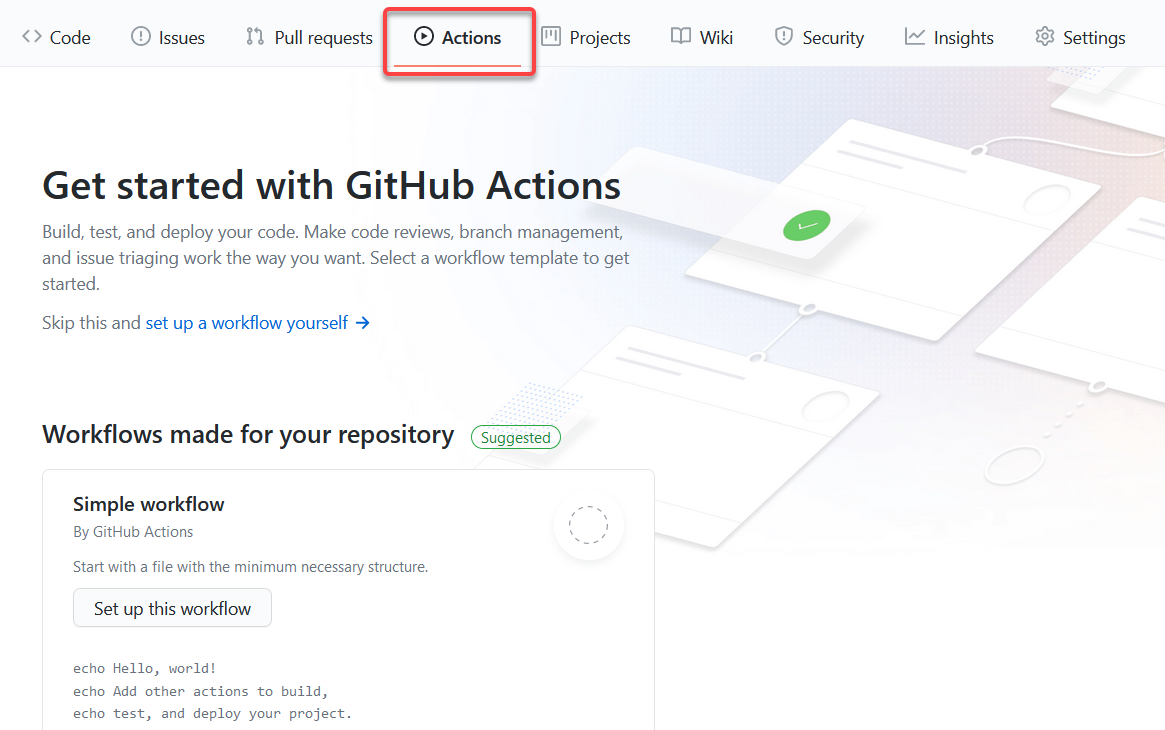 Screenshot of the *Actions tab* in GitHub Actions displaying a simple workflow and a button to set up this workflow.