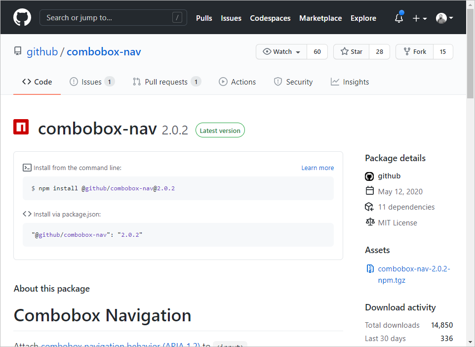 Strona pakietu GitHub n p m z opisem i instrukcjami dotyczącymi sposobu jego instalowania.