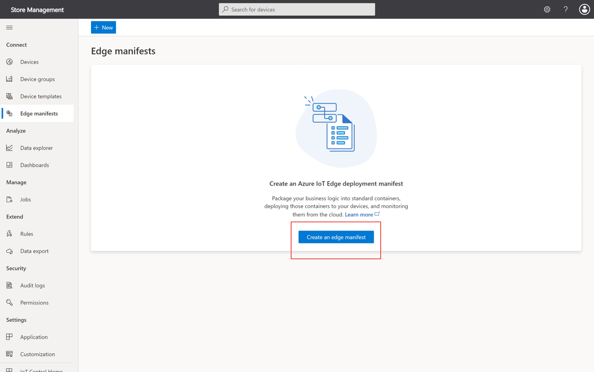 Screenshot showing the deployment manifests page where you manage the IoT Edge deployment manifests in your IoT Central application.