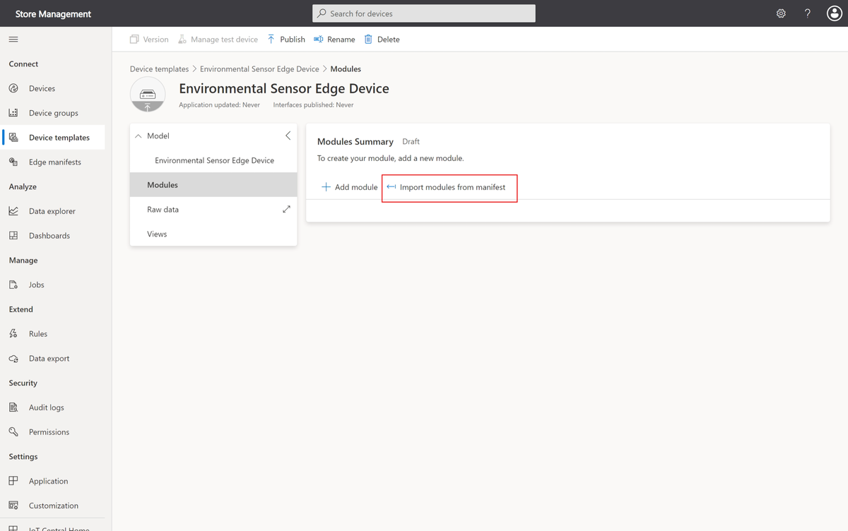 Screenshot showing the device templates page where you import the module definitions from the deployment manifest.