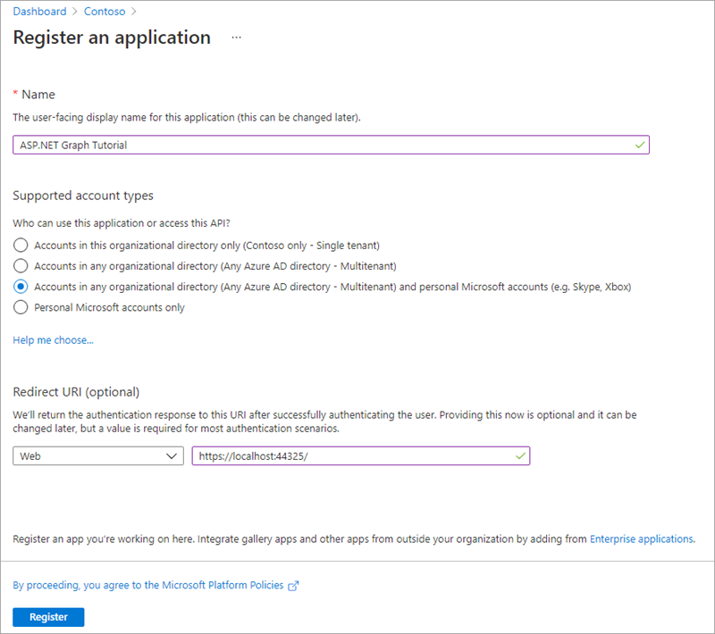A screenshot of the Register an application page