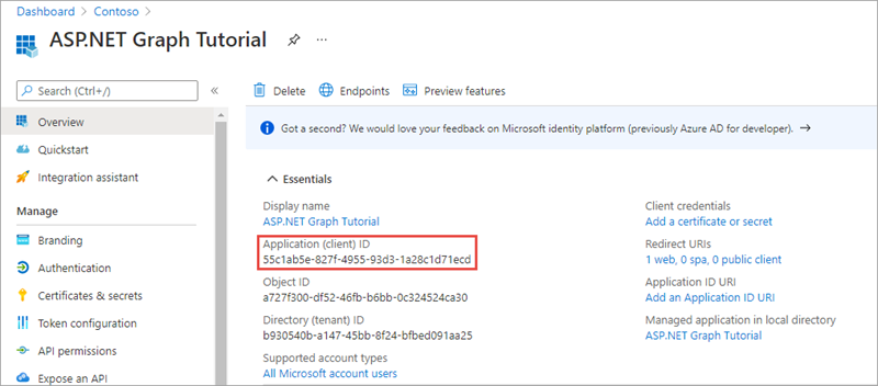 A screenshot of the application ID of the new app registration