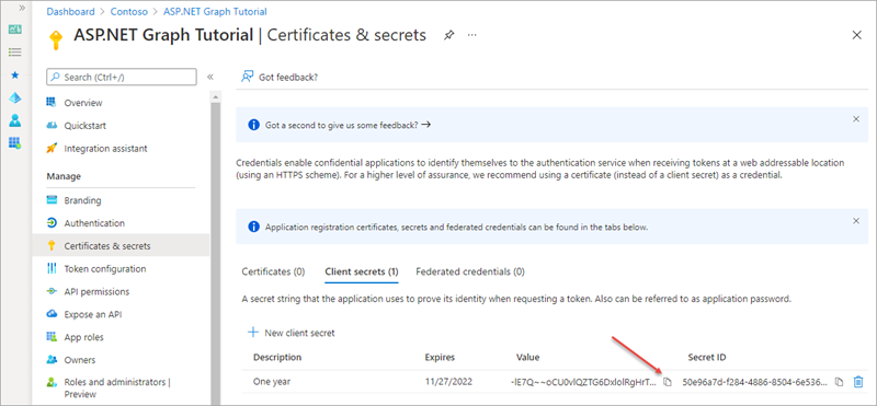 A screenshot of the newly added client secret