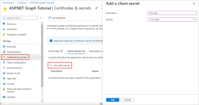 A screenshot of the Add a client secret dialog