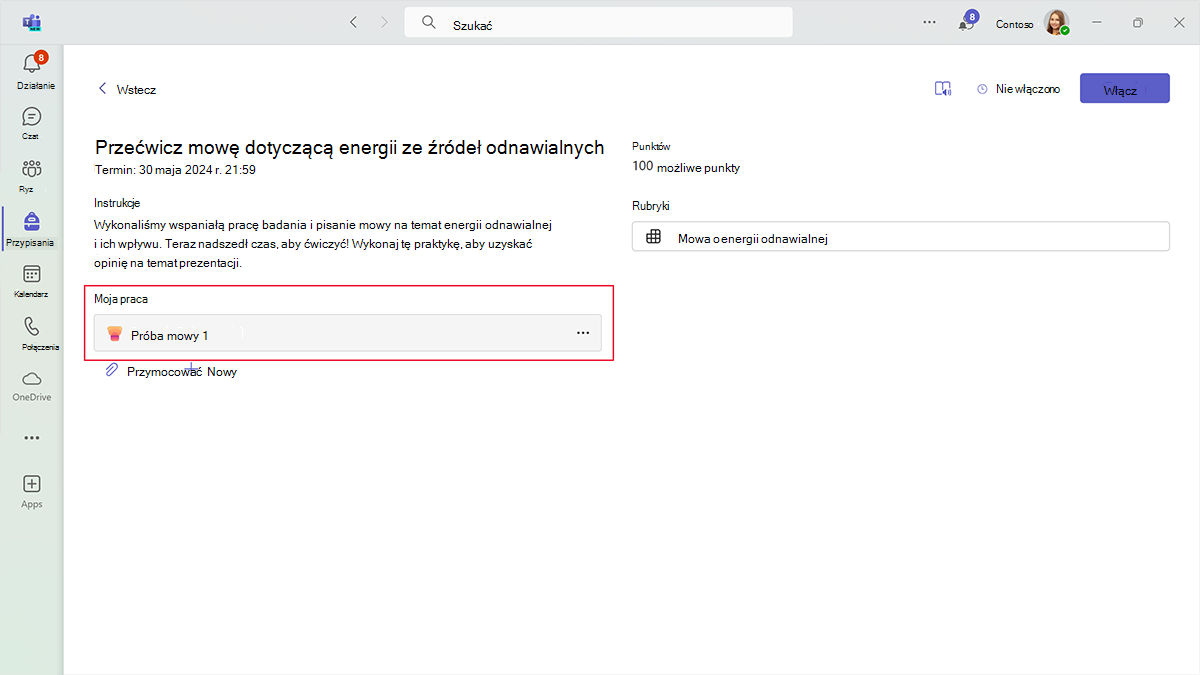 Zrzut ekranu przedstawiający załącznik Próby mowy w sekcji Moja praca przypisania postępu mowy.