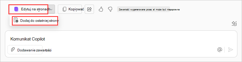 Zrzut ekranu przedstawiający opcję Edytuj na stronach w Microsoft Copilot Czat.