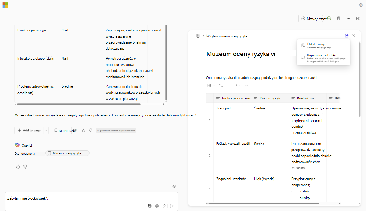 Zrzut ekranu przedstawiający odpowiedź w formacie tabelarycznym w Microsoft Copilot Czat.