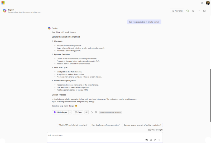 Zrzut ekranu przedstawiający odpowiedź tekstową wygenerowaną w Copilot Chat z monitem: Czy możesz to wyjaśnić w prostszych słowach?