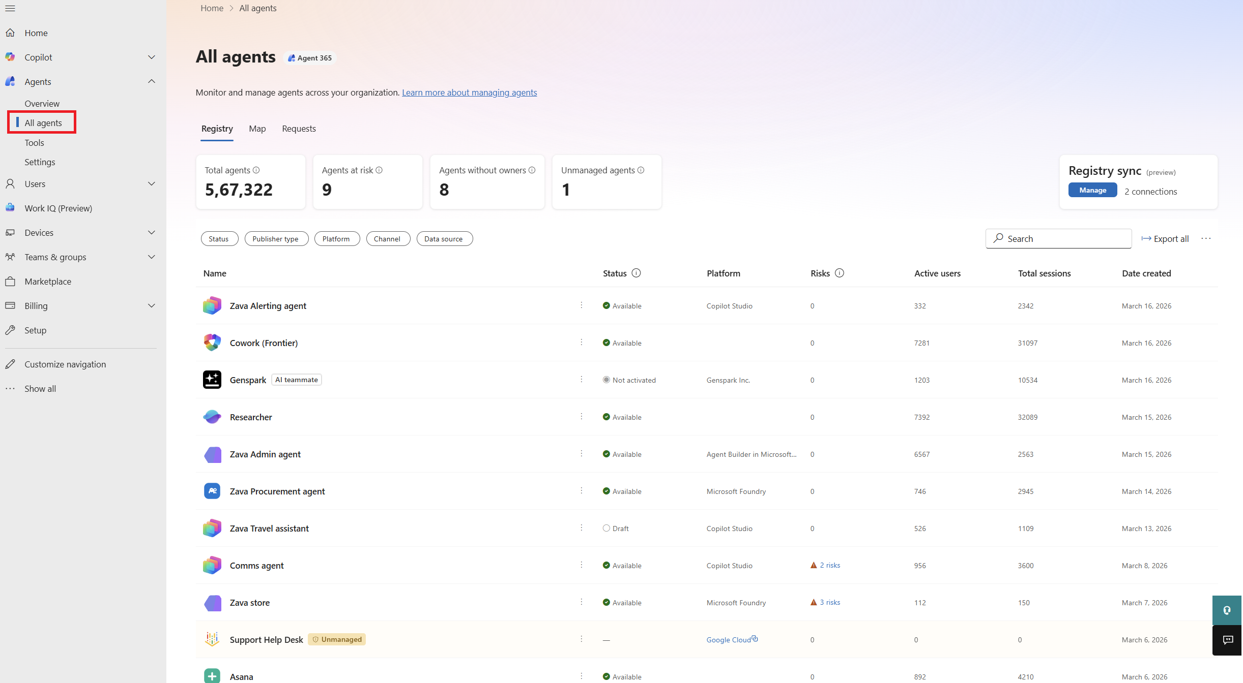 Diagram showing agent Registry tab listing all the registered agents in your organization for tracking.