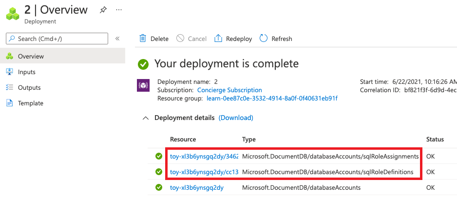 Screenshot of the Azure portal interface for the specific deployment, with the Azure Cosmos DB resources listed.