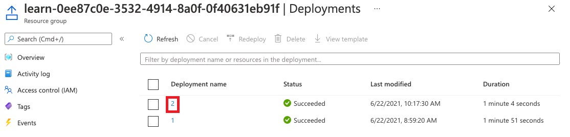 Screenshot of the Azure portal interface for the deployments, with two deployments listed.