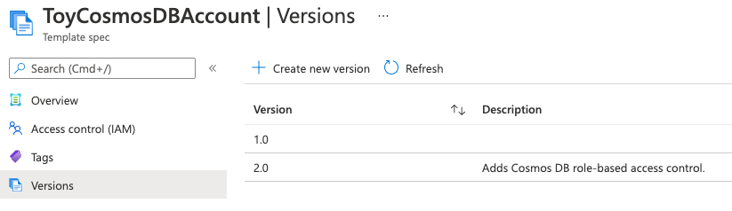 Screenshot of the Azure portal interface for the template spec, showing the list of versions as 1.0 and 2.0.