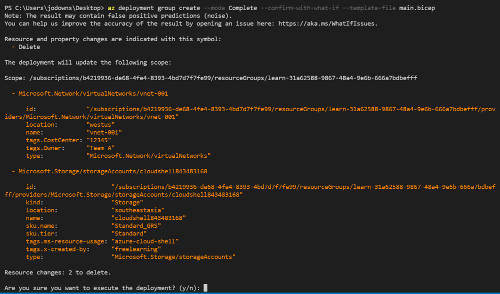 Screenshot of the Azure CLI showing the output from the deployment confirm operation.