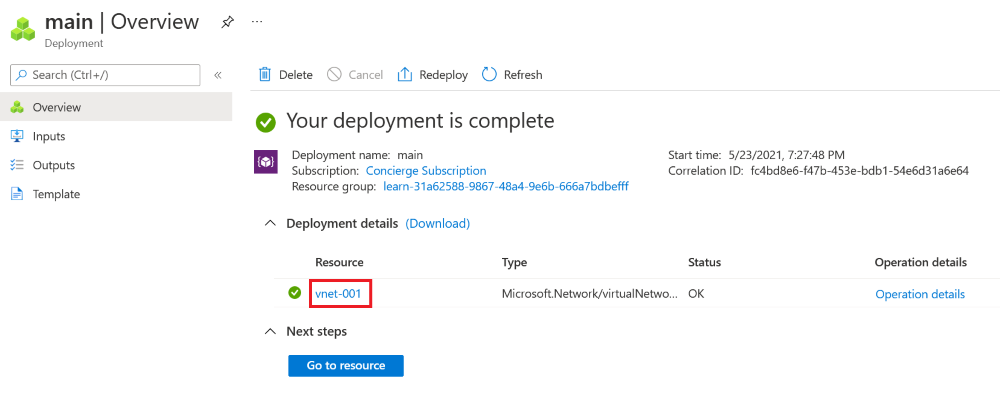 Screenshot of the Azure portal interface for the specific deployment, with one virtual network resource listed.