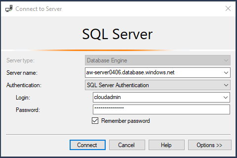 Zrzut ekranu przedstawiający nawiązywanie połączenia z usługą SQL Database w programie SSMS