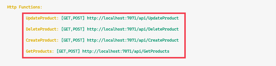 Zrzut ekranu przedstawiający zintegrowany terminal programu Visual Studio Code z wyświetlonymi adresami URL funkcji.