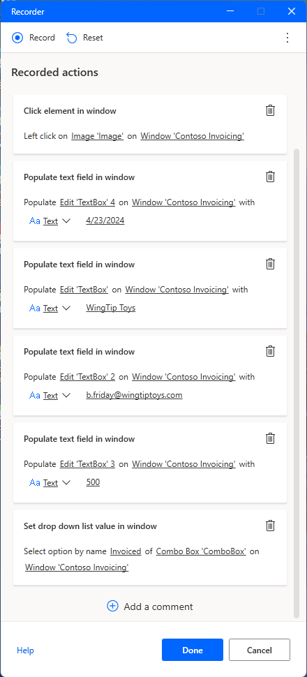 Screenshot of the Recorded actions list.