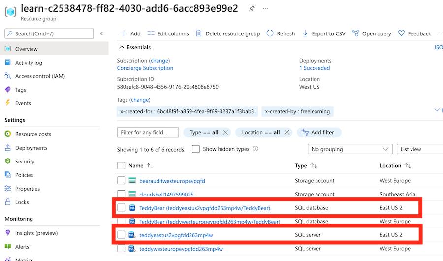 Screenshot of the Azure portal, showing the deployment of the logical servers and databases in various locations.