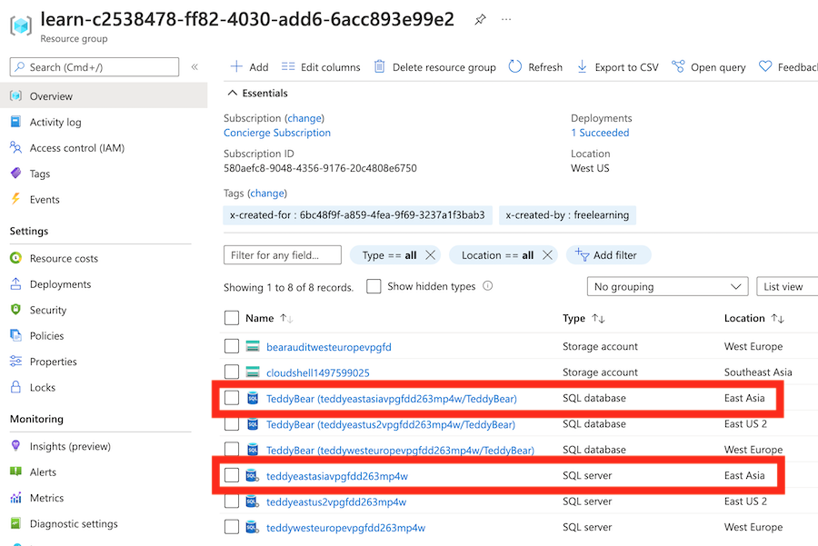 Screenshot of the Azure portal, showing the deployment of a logical server and database in an additional region.