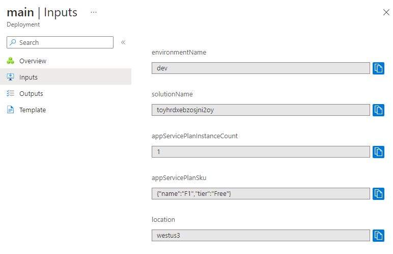 Zrzut ekranu przedstawiający interfejs witryny Azure Portal dla określonego wdrożenia z wartościami parametrów.