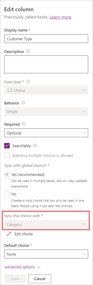 Screenshot showing the Edit column pane with Synch this choice with and the field of Category highlighted.