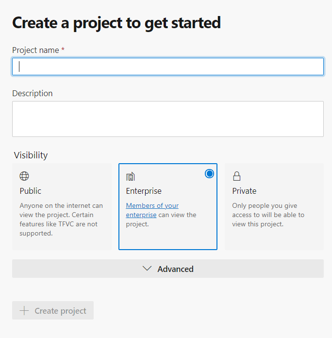 Screenshot that shows the prompt to create a project.