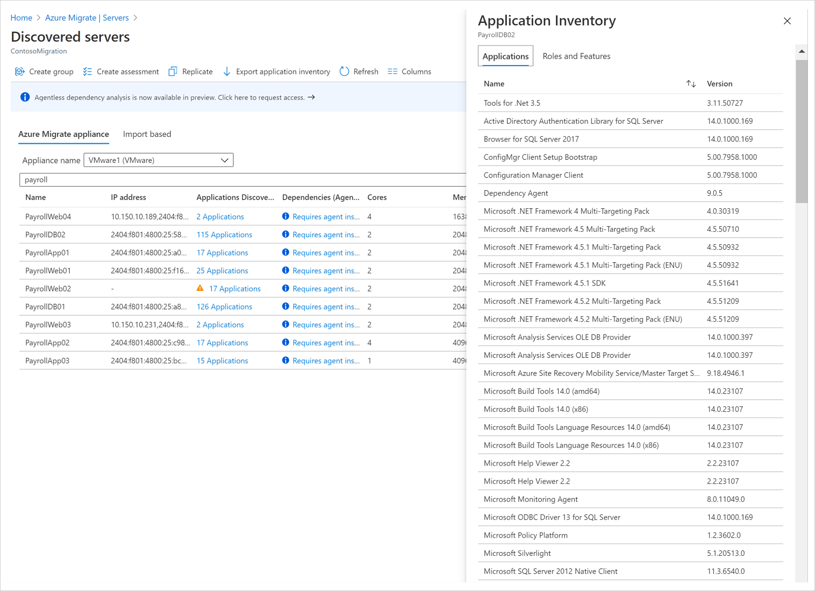 Screenshot that shows the application inventory on the portal.
