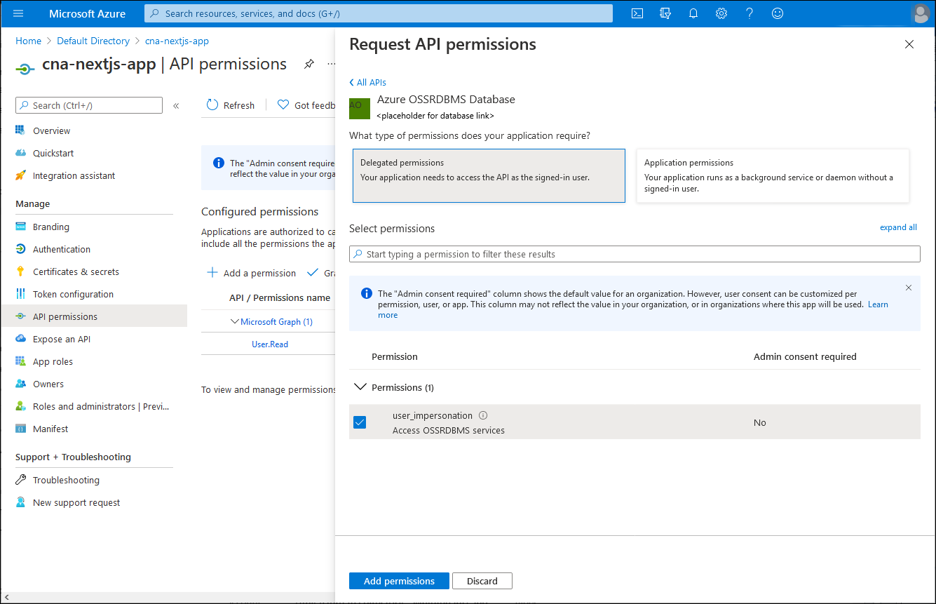 Screenshot of the Request API permissions blade in the Azure portal, with the Delegated permissions option selected.