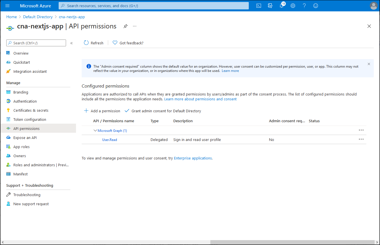 Screenshot of the cna-nextjs-app API permissions blade in the Azure portal.