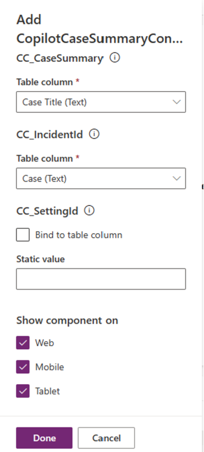 Screenshot of the Power Apps Copilot case summary control component.