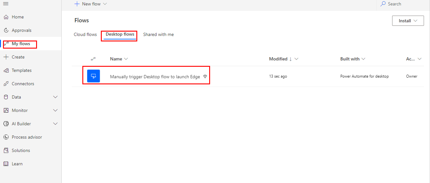 Screenshot of the Desktop flows dropdown menu.