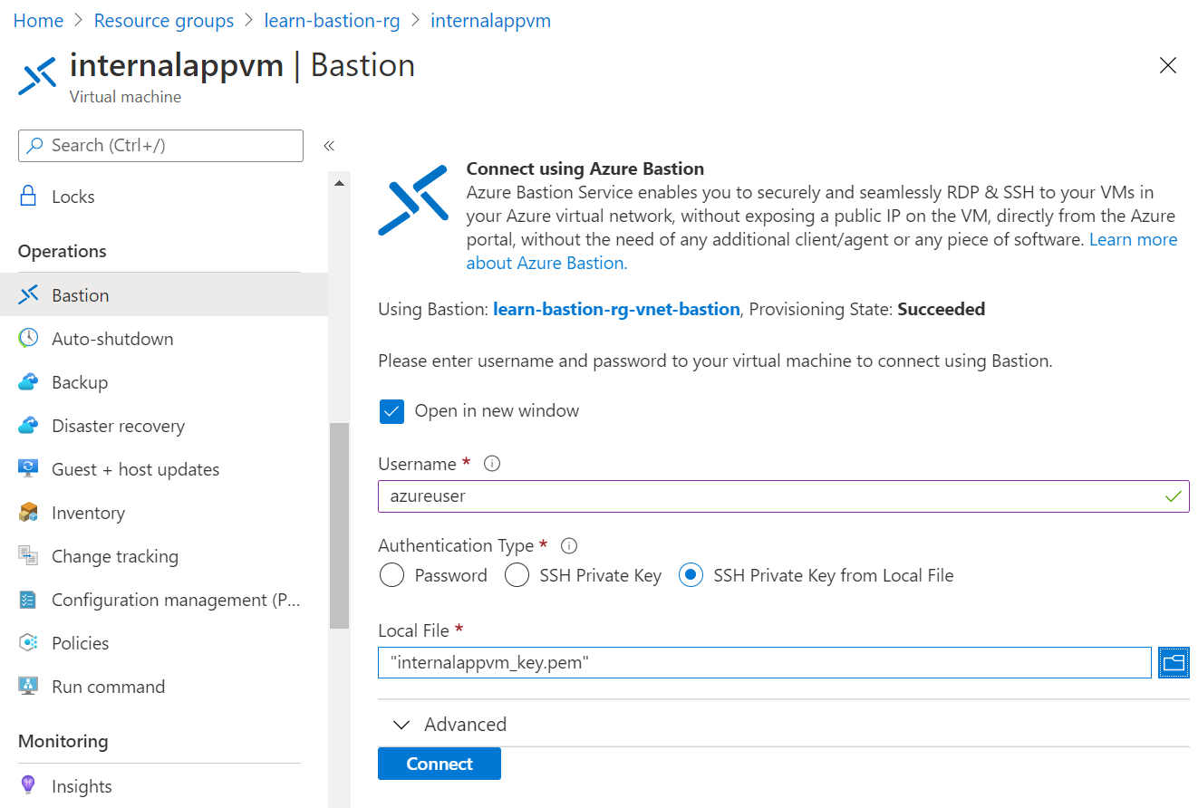 Screenshot of the Connect using Azure Bastion page with prompt for username and authentication type.