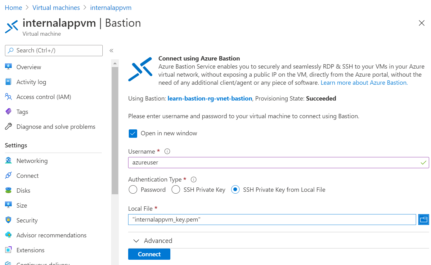 Screenshot of the Azure Bastion connection page with the user name and local file fields populated.