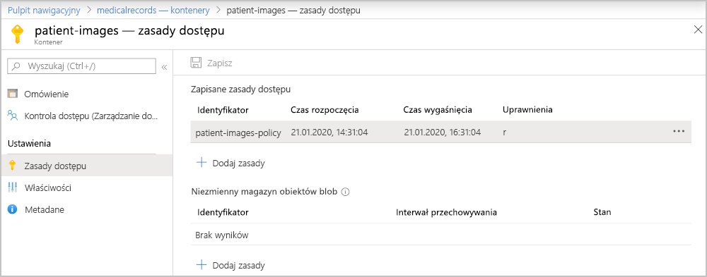 Screenshot of the Azure portal showing a stored access policy.