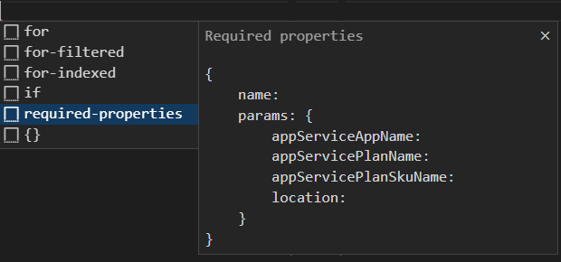 Zrzut ekranu programu Visual Studio Code przedstawiający opcję tworzenia szkieletu modułu z wymaganymi właściwościami.