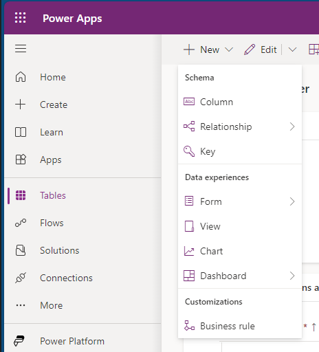 Screenshot of Tables screen with the + New button in the command bar selected and Column highlighted. Alternatively, there's a dashed line around the + button in the columns and data pane.