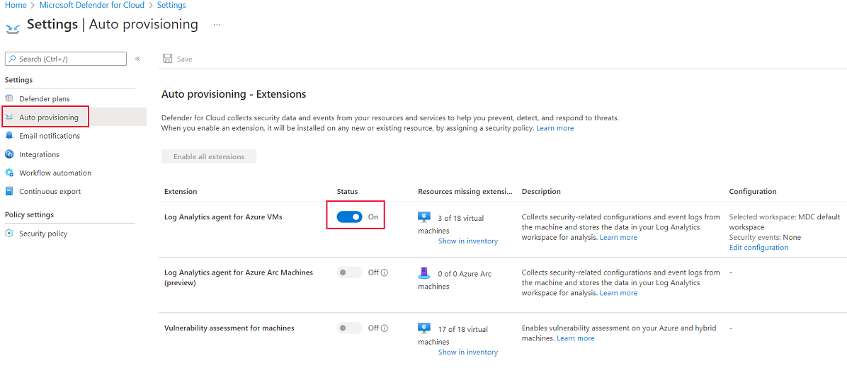 Screenshot that shows the auto provisioning extension pane, with Log Analytics agent for Azure VMs selected.