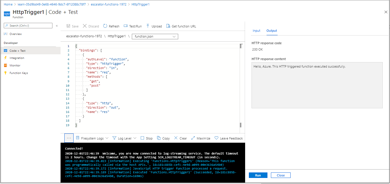 Screenshot of the Azure portal showing the function editor, with the Get function URL button highlighted.