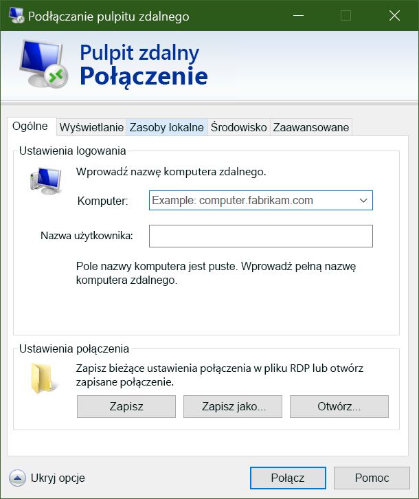 Zrzut ekranu przedstawiający interfejs użytkownika klienta protokołu Remote Desktop Protocol.