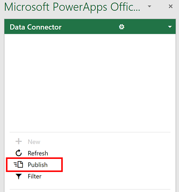 Screenshot of the Power Apps Data Connector dialog box with rectangle around Publish.