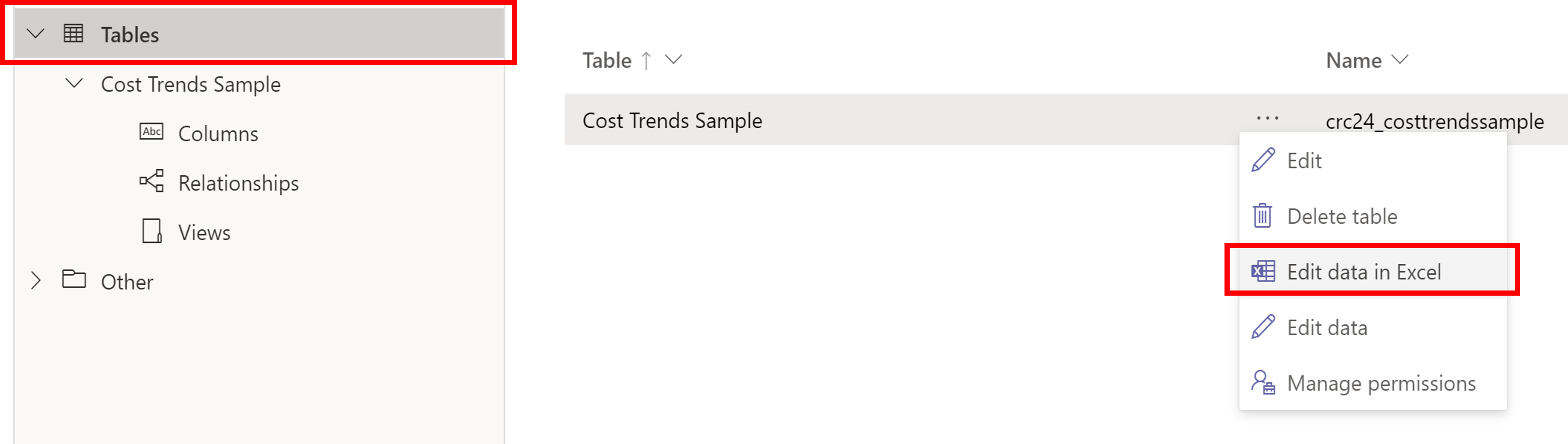 Screenshot of the Power Apps Tables dialog box with rectangle around Tables and Edit data in Excel.