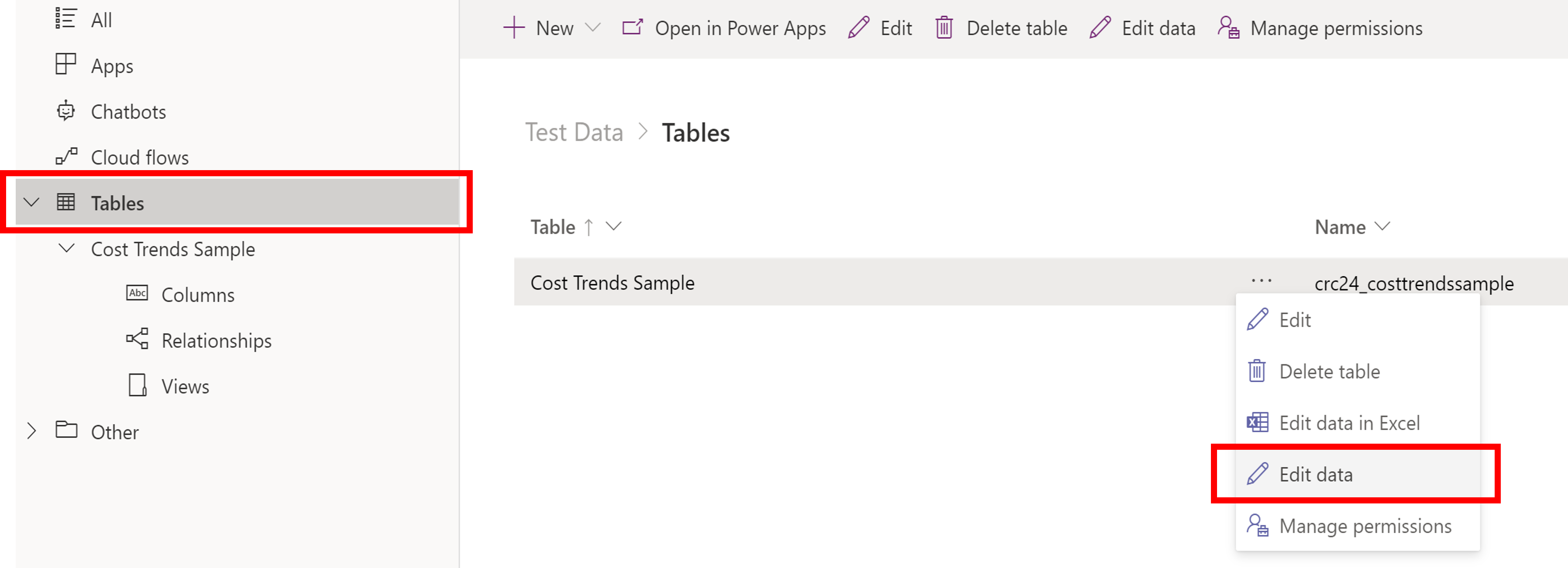 Screenshot of the Power Apps Tables dialog box with rectangle around Tables and Edit Data.